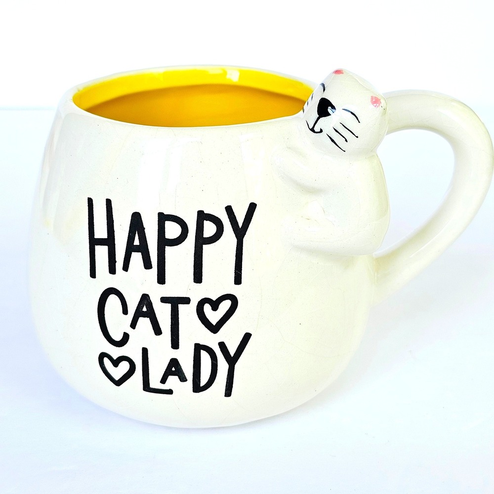 2021 Eccolo Happy Cat Lady Mug 3D Figural Cat Yellow Interior Gift Pet Lover
